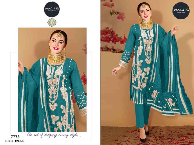 1263 E To H Mehboob Tex Embroidery Organza Pakistani Suits Wholesale Suppliers In India
